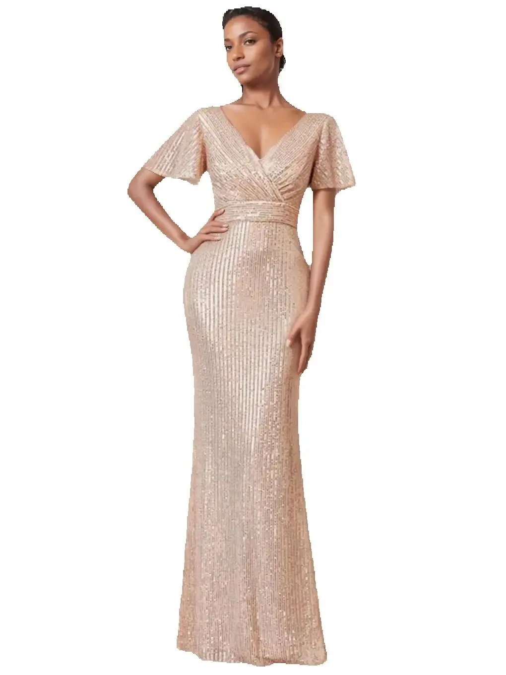 

Elegant V-neck Sequined Long Formal Evening Dress With Short Sleeves