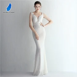 DEERVEADO Women's Elegant White Sequins Long Evening Dress with Beads Deep V Neck Mermaid Maxi Party Dress Evening Gown