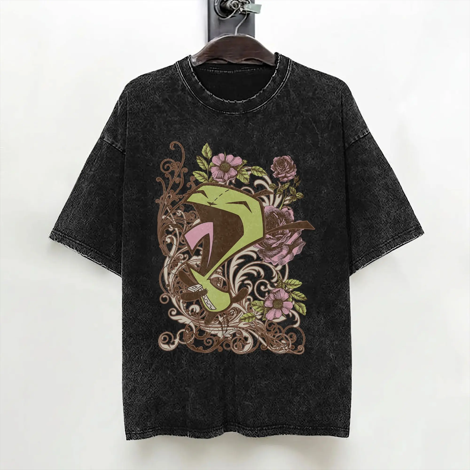 Invaders Zim Gir Screaming Floral Washed T Shirt Streetwear Cool T-Shirts  Tee Shirt Men Women Short Sleeve Oversize Graphic