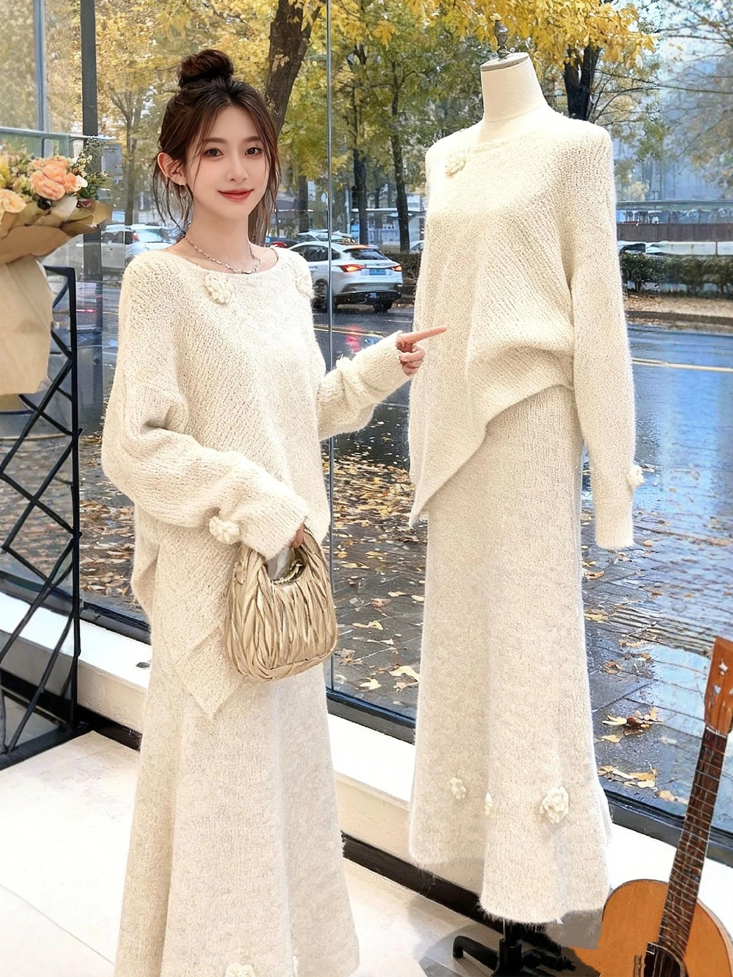 

Winter Warm Knitted Sweater And Skirt Set for plus Size Women Beautiful 3D Flower Design f-length Skirt Faionable Ladies...