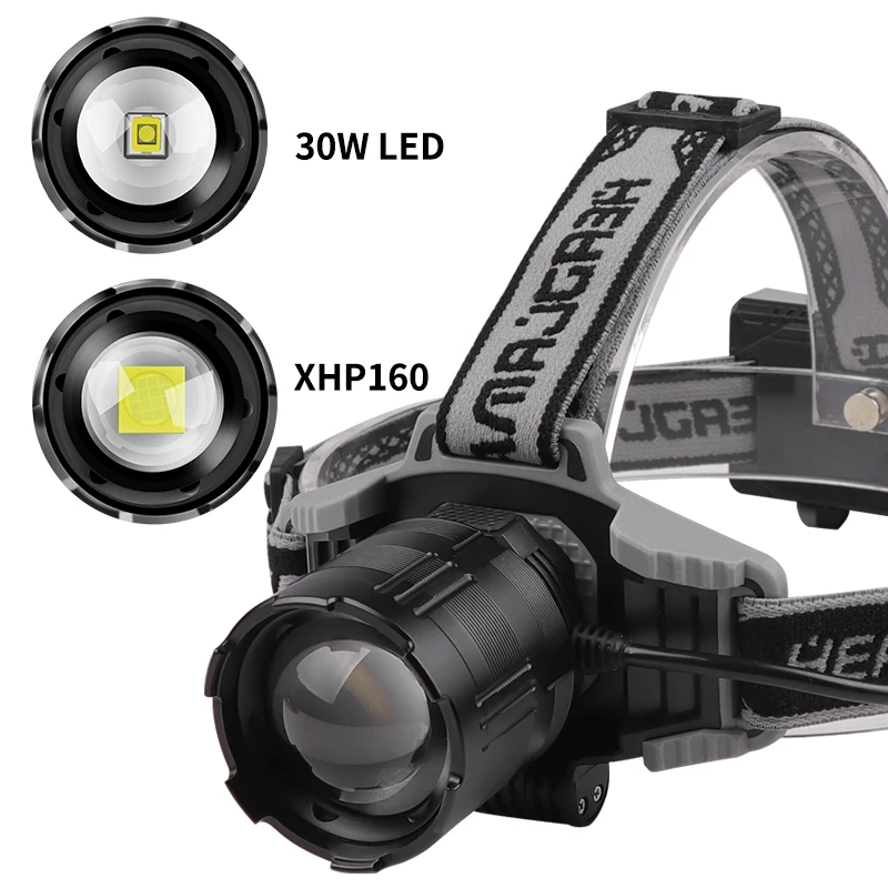 Zoomable XHP160 HeadLamp TYPE-C Rechargeable Strong Light Display Headlight 30W White Laser Headlight For Fishing Camping