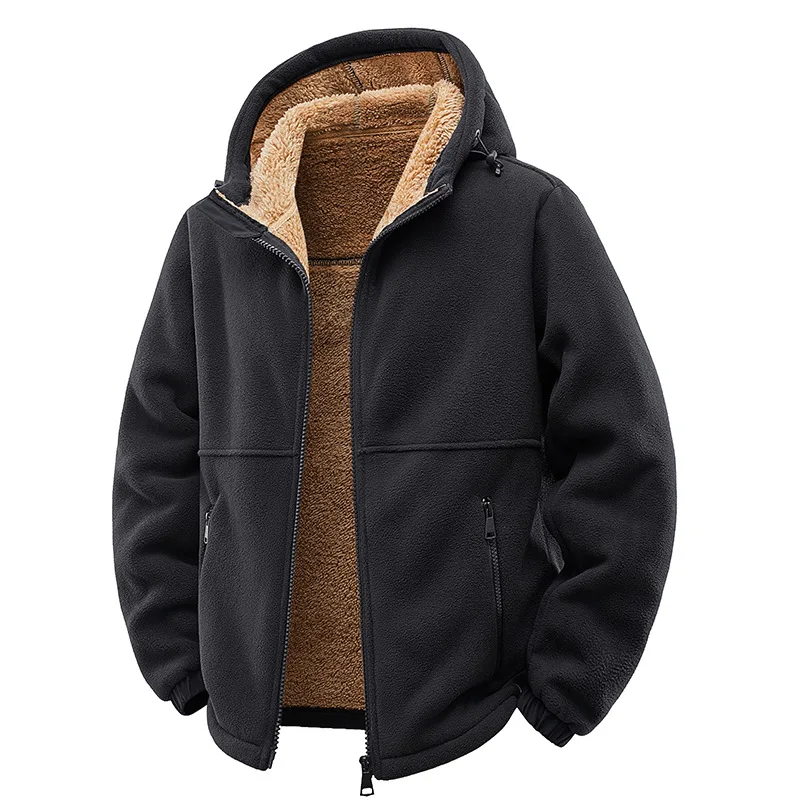 Hooded Fleece Jacket for Men in Autumn and Winter, Thick Fleece Casual Hoodie, Loose Oversized Lambskin Jacket, Solid Color