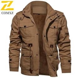 Mens Work Jackets 2025 Autumn Winter New Solid Color PlushThickened Outdoor Camping Hooded Fleece Coat Man Loose Fitting Jackets