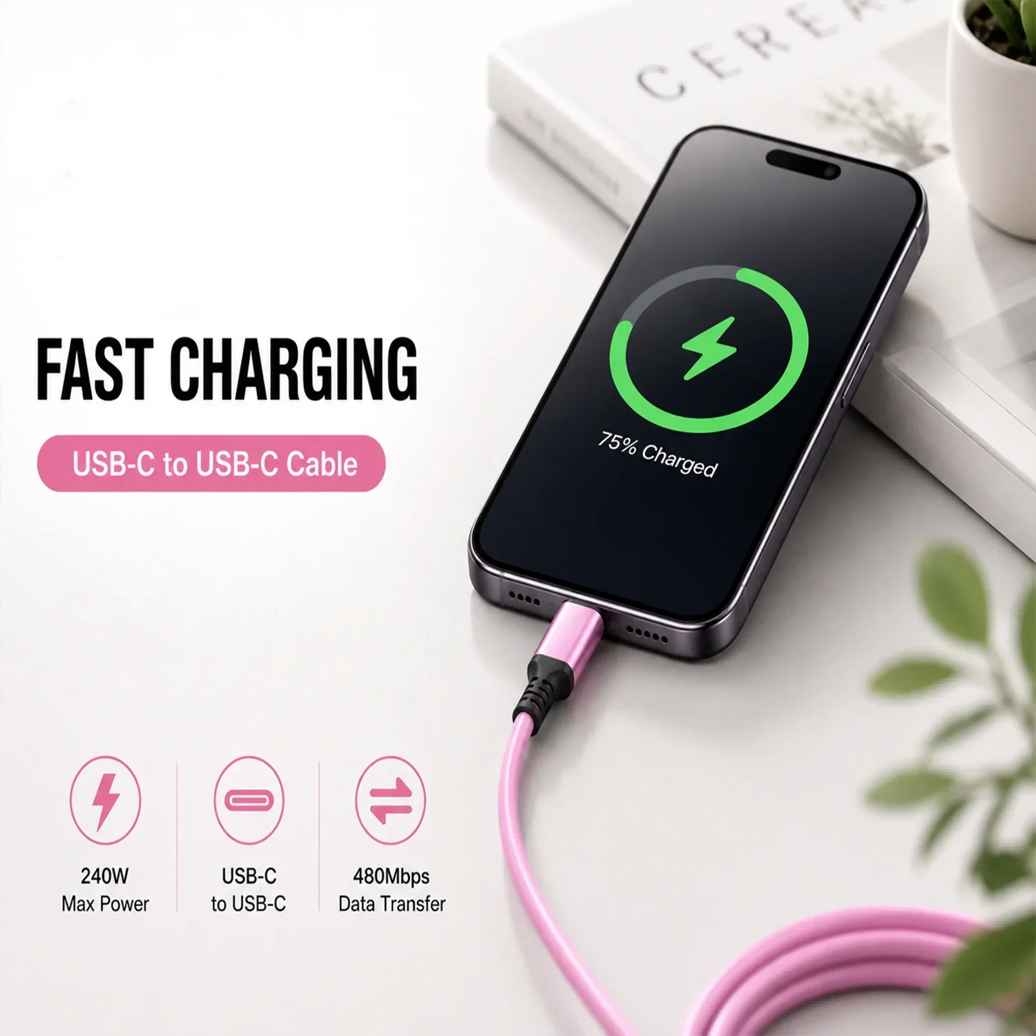 Rose USB C to USB C Cable Fast Charging, 240W PD 3.1 Power Cord for iPhone 15 16, MacBook, iPad, Samsung