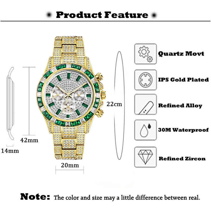 IceOut Watch For Man Green Gem Circle Chronograph Waterproof Men Quartz Watches Hip Hop Fashion Street Style Reloj Dropshipping