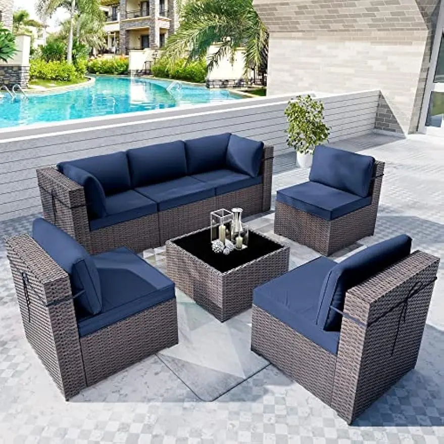 2PCS Modern Wicker Patio Furniture Sets w/ Sofa,Table,Cushions. All-Weather Outdoor Sectional Sofa for Backyard, Balcony