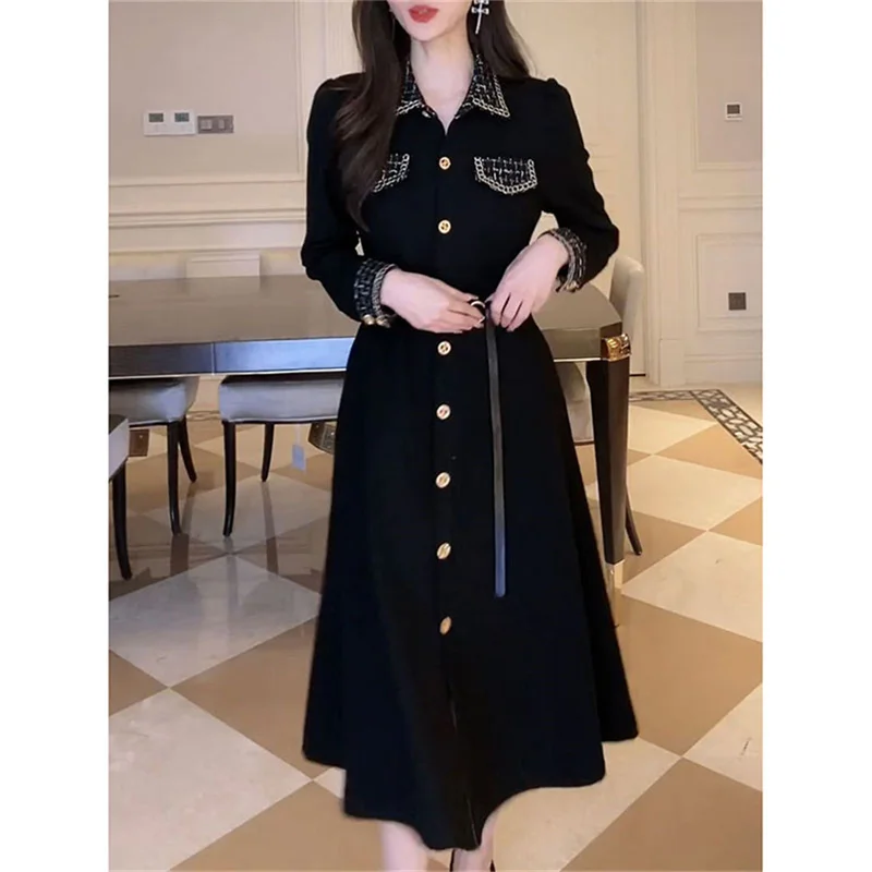 Black Fragrance Style Spliced Polo Neck Long sleeved Dress 2024 Spring Autumn New Light Luxury Style Slim Long Dress With Belt