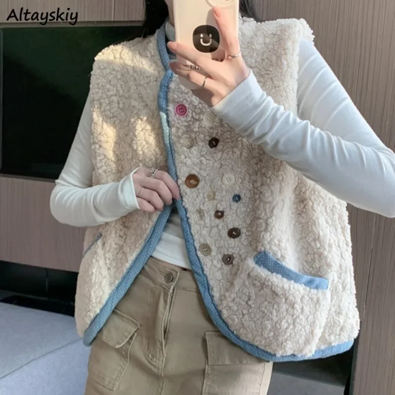 Ins Sweater Vest for Women Ins Simple Button Casual Warm Autumn Winter Young Girls Vintage Lambswool Patchwork Fashion Prevalent