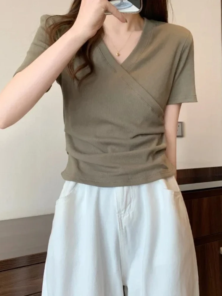 New Summer Korean Fashion Casual Cross V-neck Women's T-shirt Short Sleeve Slim Bottoming Shirts Crop Top Youthful Woman Clothes