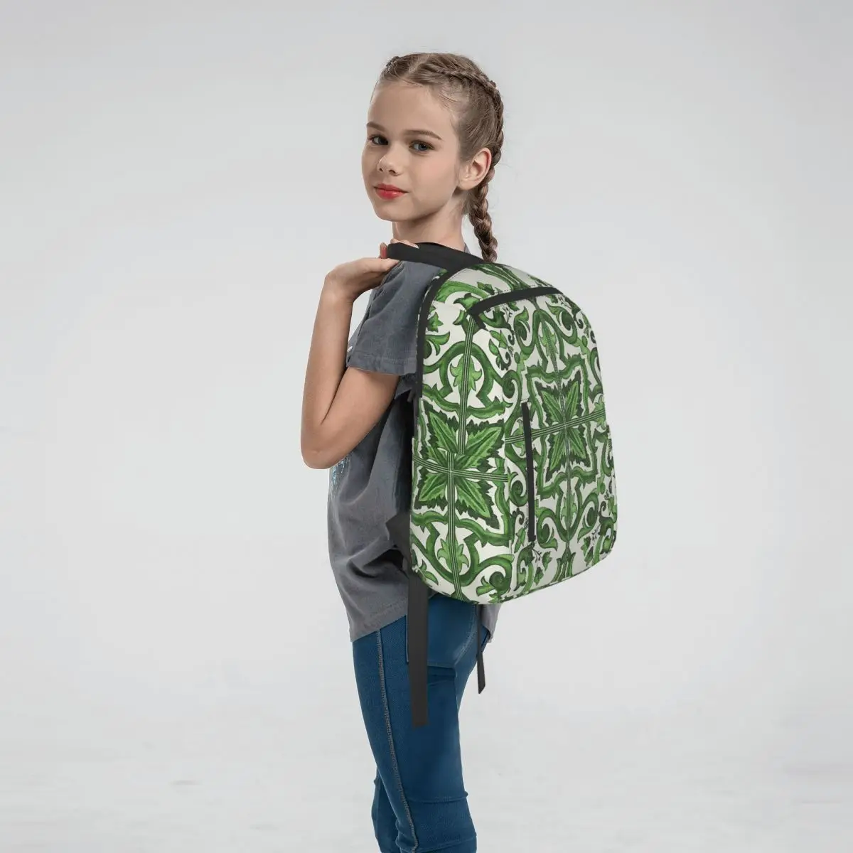 Green Ornate Floral Mediterranean Sicilian Tile Backpack Large Capacity Boys Girls BookBag School BagShoulder Bags for Men Women