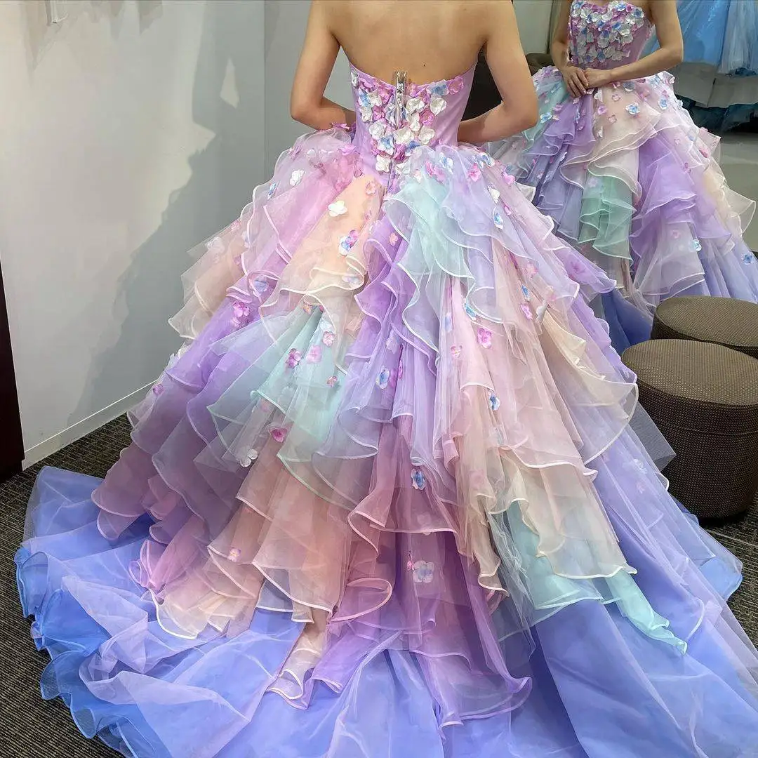 Wedding Couture Floral Maxi Dress Off Shoulder Layered Ruffle Applique Wedding Party Dresses Puffy Multi Color Prom Gowns Long