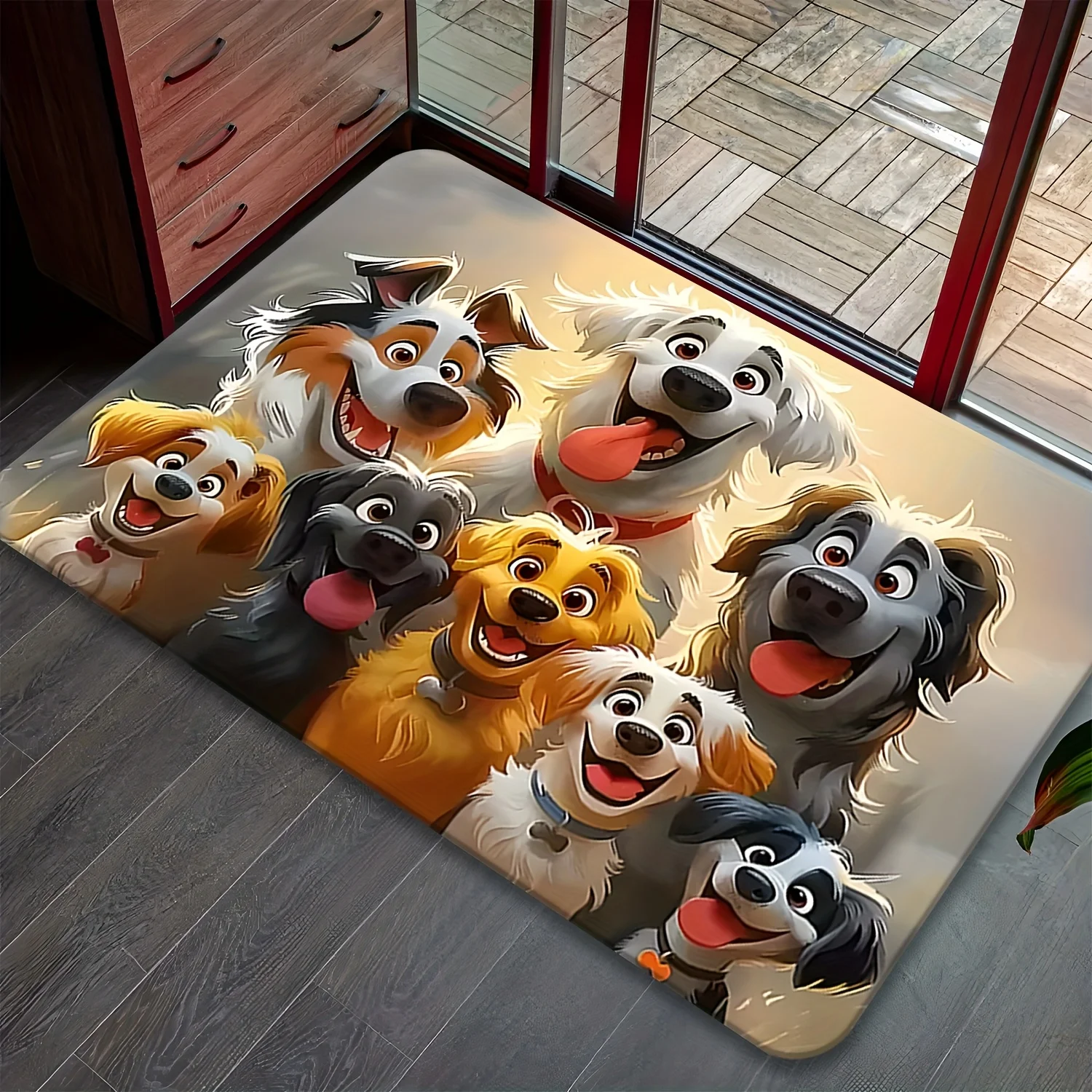 Tapis d'entrée à motif de chien souriant mignon, dessin animé, portrait de chiot adorable, tapis graphique, tapis décoratif chaud sur le thème des animaux de compagnie, pour l'entrée de la maison