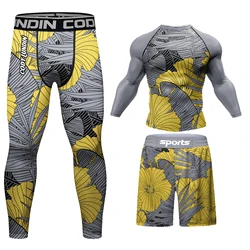 Cody Lundin Yellow Pattern Fitness T-Shirt and Pants for Men MMA Rashguard Jiu Jitsu Jersey Shorts Gym BJJ Boxing Sportsuits