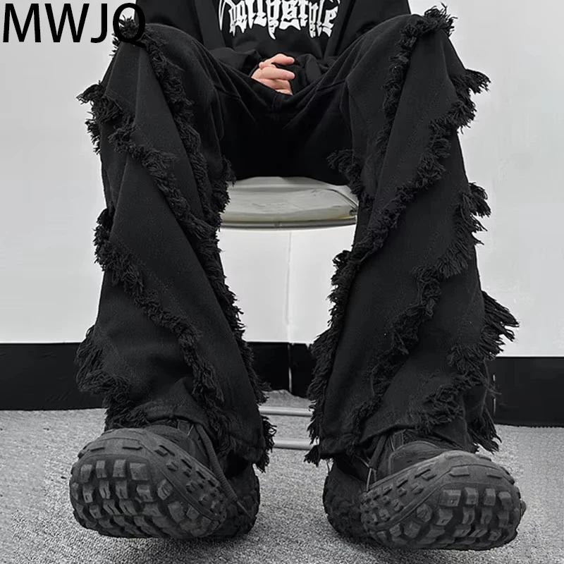 

MWJQ Spocken Rough Edge Design Flared Jeans Men's High Street Slimming American Denim Pants Vintage Fashoin Male Bottm 010155