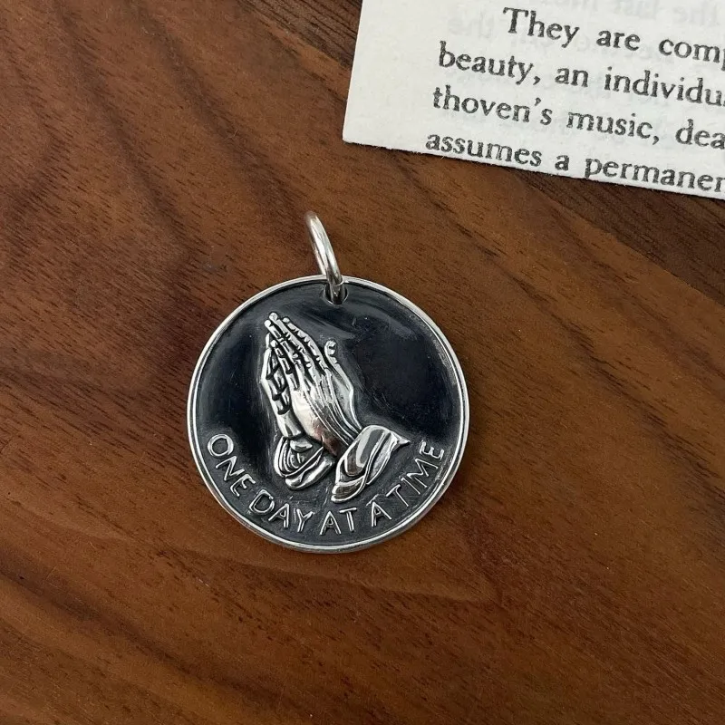 

BOCAI New 100% S925 Silver Vintage Fashion Round Pendant Personality Prayer Hand Letters Men and Women Pendant