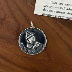 BOCAI New 100% S925 Silver Vintage Fashion Round Pendant Personality Prayer Hand Letters Men and Women Pendant
