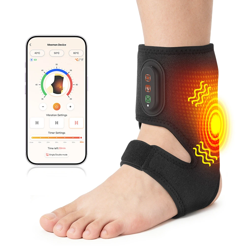 Cordless App Controlled Heated 3-Level Vibration Ankle Brace Rechargeable Ankle Wrap Foot Massager 10-60min Timing for Sprained