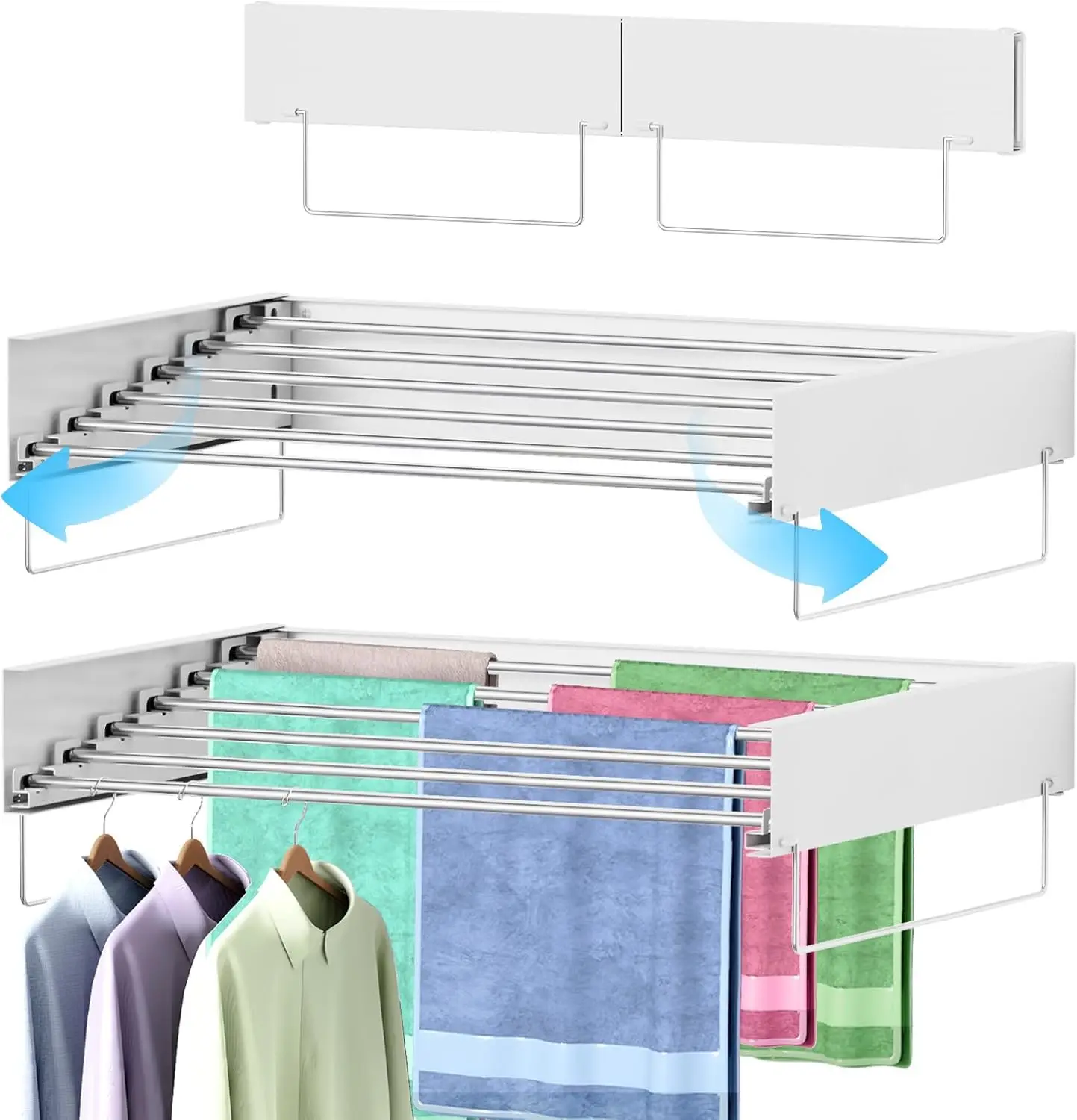 

Wall Mounted Clothes Drying Rack, Laundry Drying Rack Clothing Wall Mount, Laundry Hanger Foldable with 2 Towel Handles