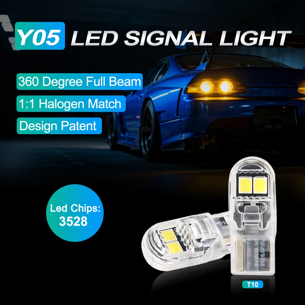 Y05 T10 LED Signal Light Bulbs, 2‑Pack, 3528 SMD Chips 360‑Degree Full Beam, 1:1 Halogen Light Pattern Match, Patented Design, W