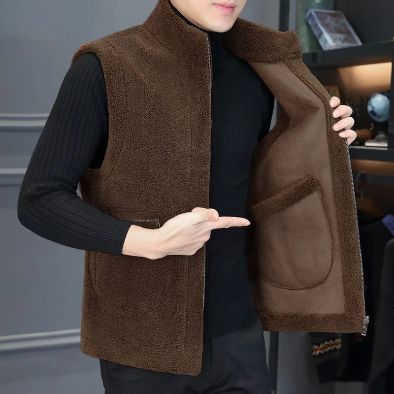 

2023 Autumn Winter Fleece Men's Vest Jacket Casual Warm Thick Zipper Male Solid Sleeveless Tops Waistcoat New Slim Vest Y120