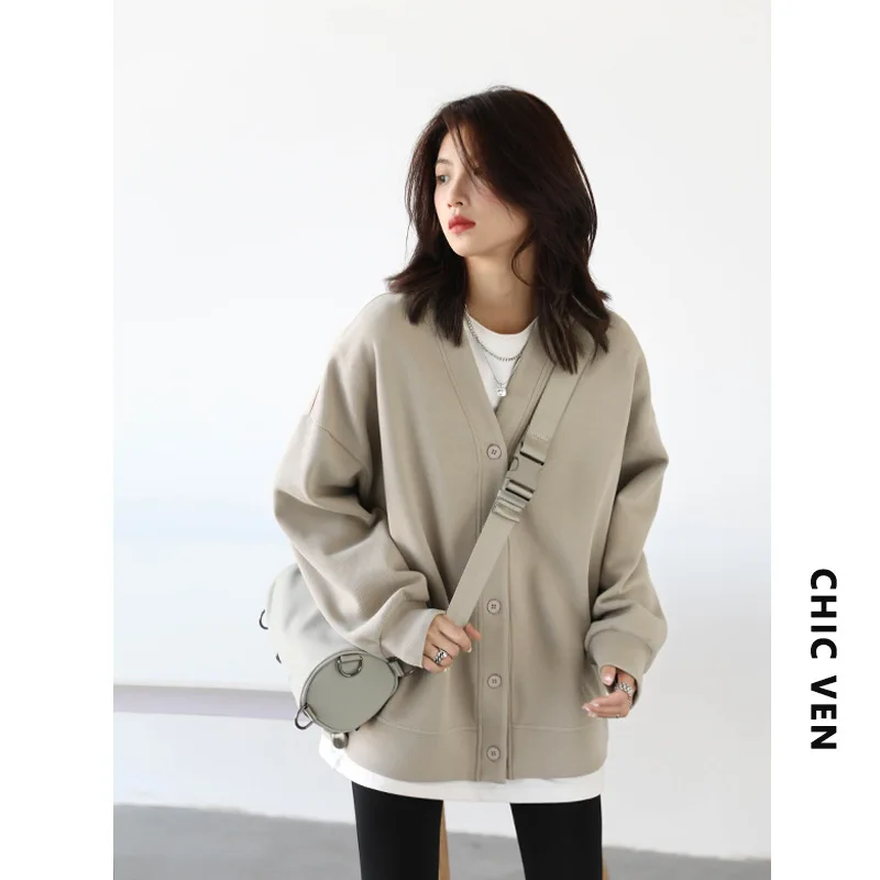 

Korean Autumn Winter Women's Sports Coat Casual Loose V-neck Sweatshirt for Women Thick Warm Tops Office Lady Female