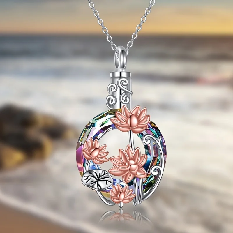 1PCS Lotus Kristall Urne Halsketten Für Haustier Asche Container Runde Feuerbestattung Andenken Schmuck Für Pet Memorial Frauen Halskette – Detail 3
