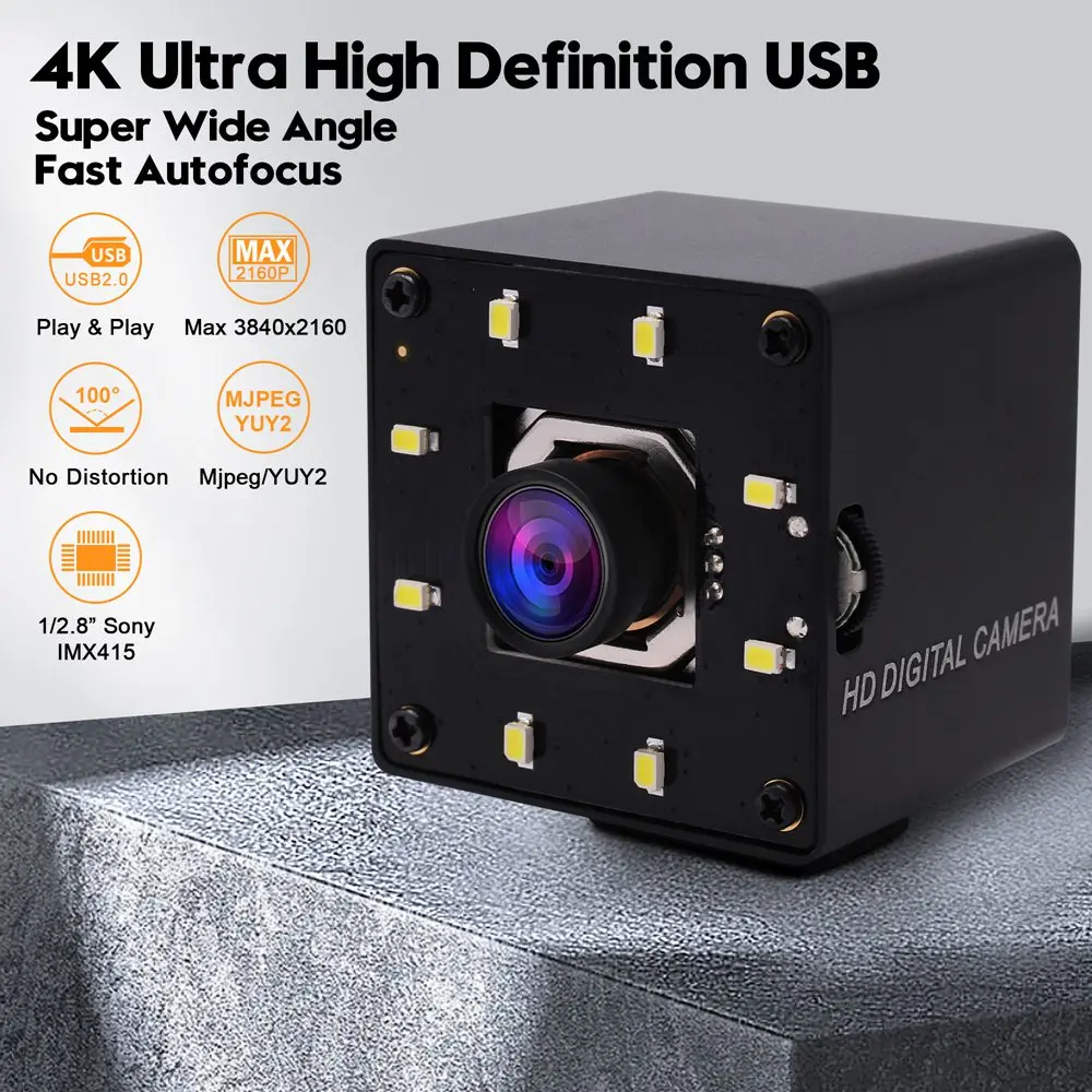 SVPRO 4K Autofocus USB Camera Night Vision IMX415 Webcam with White LEDs Wide Agnle Camera with No Distortion Lens