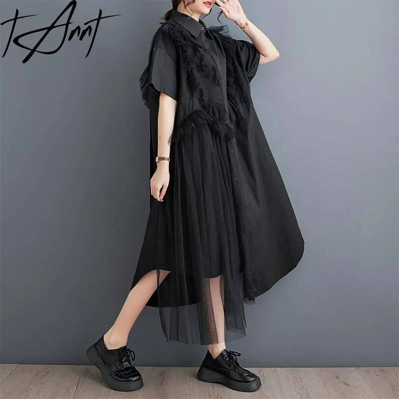 

Tannt Women Dress Mesh Edible Tree Fungus Splicing Asymmetry Short Sleeves Black Long Shirts Dresses For Women 2024 New