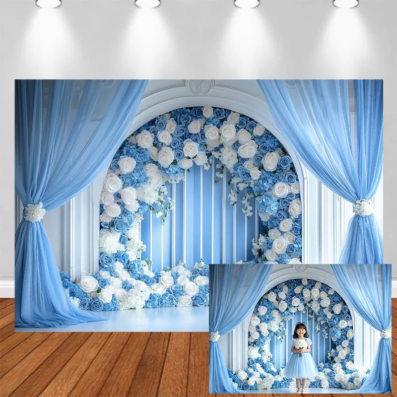 

LS Photography Background Arch Blue White Floral Curtain Decor Wedding Birthday Adult Portrait Photo Backdrop Studio
