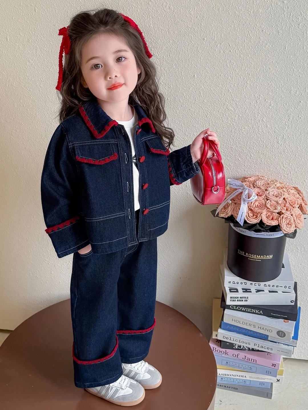 Girls' Faionable Denim Two-Piece Set with Bowtie Jaet And Pants Autumn Collection for Kids Sli Outfit Combo