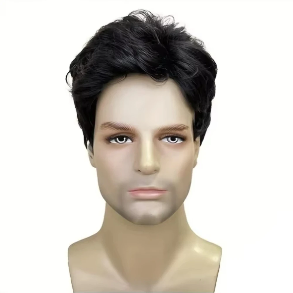 Krótka, puszysta, czarna, oddychająca peruka syntetyczna na imprezę cosplay, peruka męska z włókna syntetycznego.