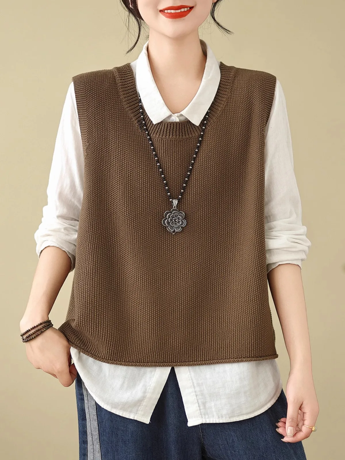 

Retro Knitted Vest Top Women Spring Autumn ort Sve round Ne Layering No oulder OL Sle Commute Cotton Blend plus Size