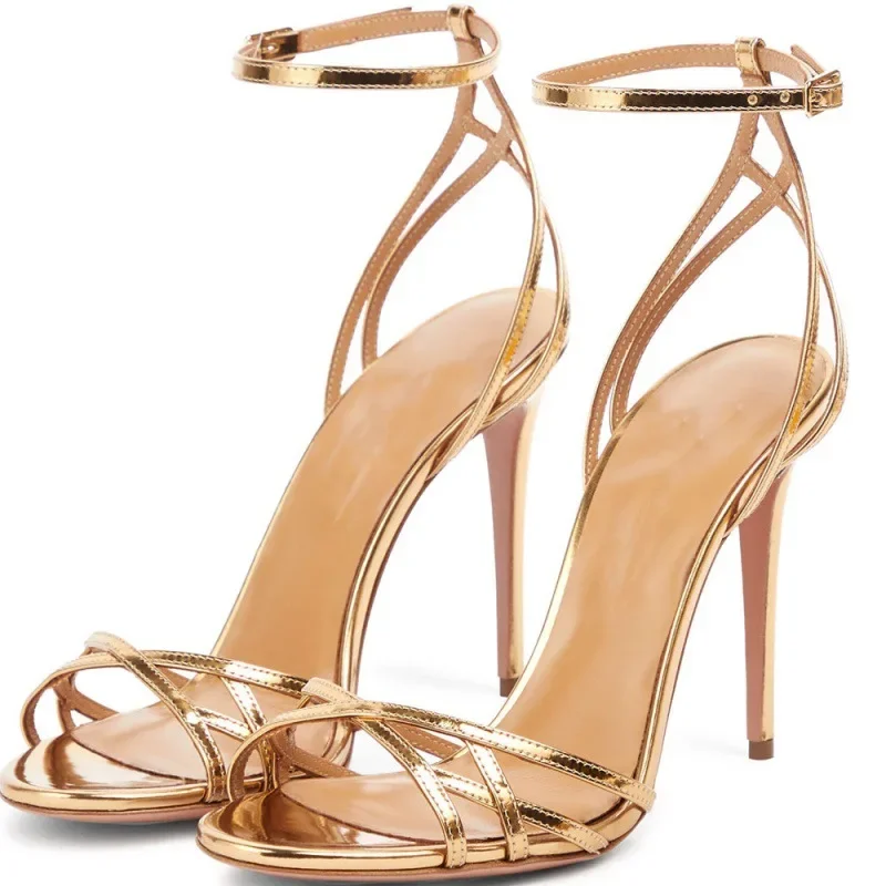 Gold Color Hollow Out Sandals Lady Fashion Pumps Thin Heel Buckle Strap Dress Shoes Woman Sexy Party High Heels Customized