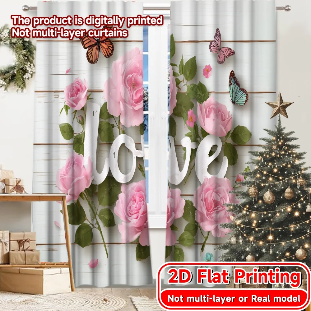 2D Flat Printing,2pcs Floral Romance Chic Print Curtains Versatile Fabric Curtains All Seasons Use for Bedroom, Living Room,