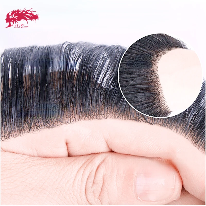 Ali Queen Hair Men Toupee 100% Indian Human Remy Hair 0.12-0.14mm Thin Skin PU Base Piece For Men V Loop Toupee Wig 100% Density