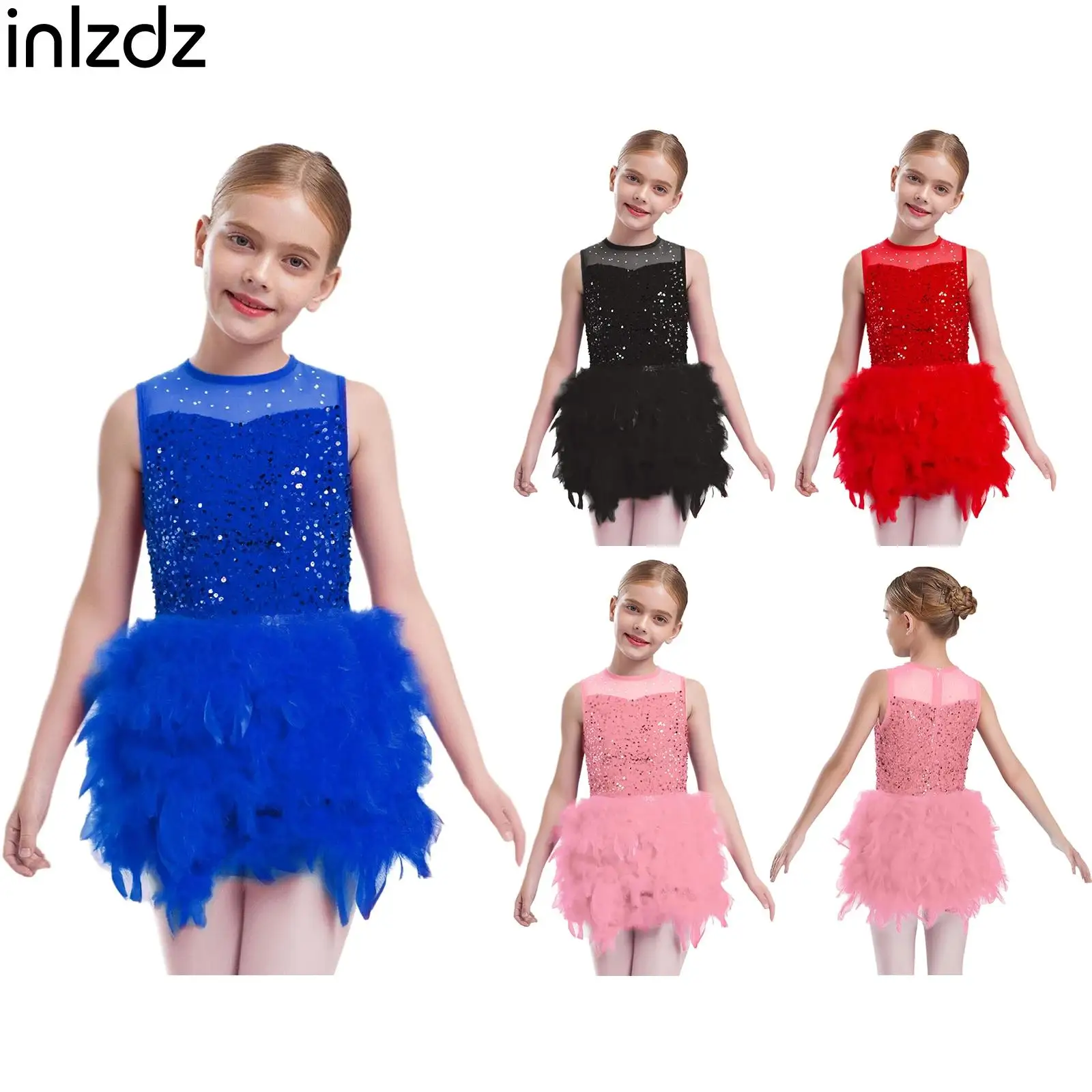 

Kids Girls Figure Skating Dance Dress Gymnastics Lyrical Latin Jazz Costumes Sleeveless Sequins Feather Velvet Princess Dress