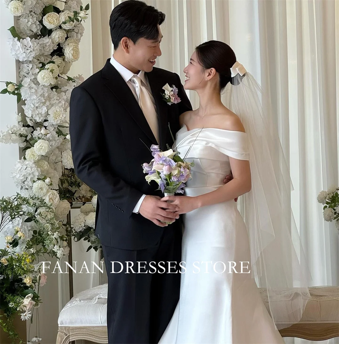 

FANAN Off Shoulder Korea Mermaid Wedding Dresses 웨딩드레스 Satin Ivory Puff Sleeves Lace-up Customized Pretty Bride Gowns Plus Size