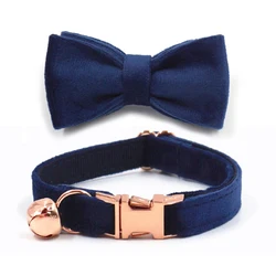 Deep Blue Velvet Cat Collar with Name Engraved Non-Escape Safety Pet Collars for Cat&Small Dog Gold Buckles Luxury Puppy Collar