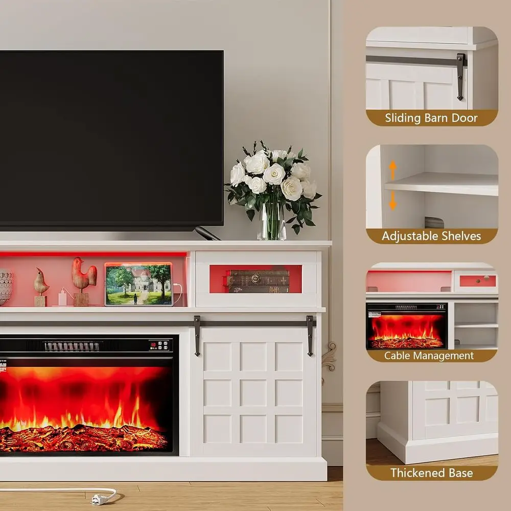 70 مركز ترفيه أبيض ريفي مع أضواء LED ومنافذ طاقة وباب منزلق لـ 80 تلفزيونًا #6