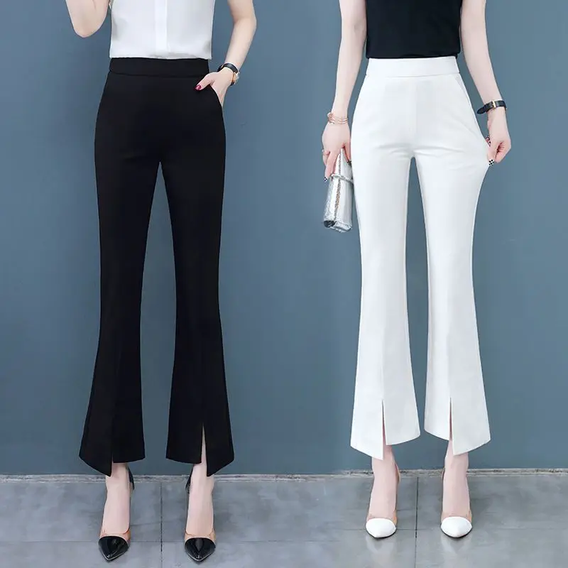 Salls-Pantalon Évasé à Ourlet Fendu pour Femme, Taille Haute, Couleur Unie, Slim, Droit, Décontracté, à la Mode, Nouvelle Collection Été