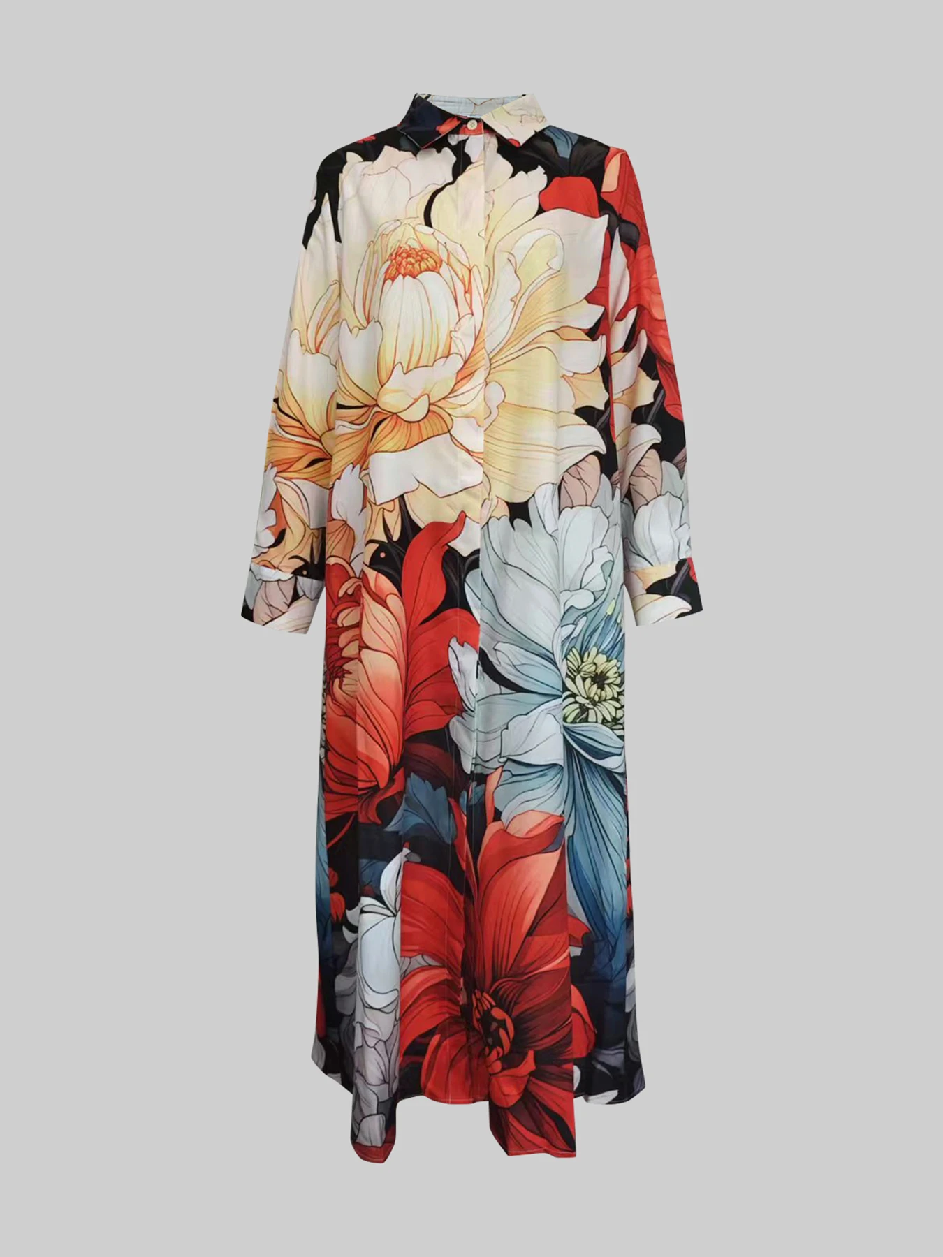 Dames Lente Herfst Trendy Bloemenprint Revers Maxi-jurken 2026 Nieuwe Lange Mouwen Losse Vrouw Button-down Dames Shirtjurk