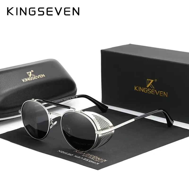 KINGSEVEN Fashion Gothic Steampunk okulary przeciwsłoneczne spolaryzowane UV400 mężczyźni kobiety nowy projektant okulary w stylu vintage okrągłe okulary z oprawkami pilotkowymi