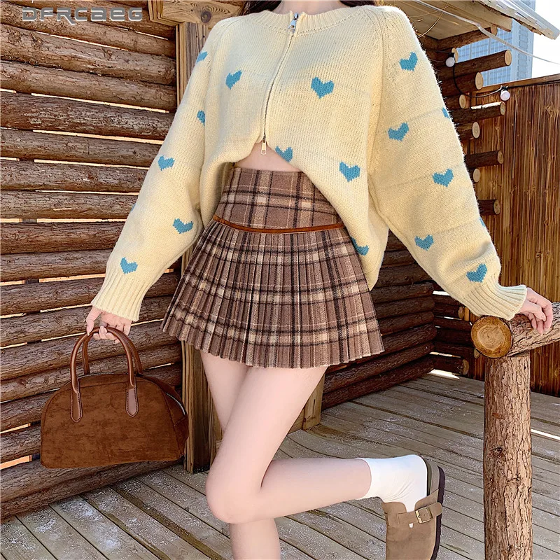 

Preppy Style Retro Plaid Winter Woolen Short Skirt For Woman High Waisted Casual Cute Sweet Pleated Skirts Lady