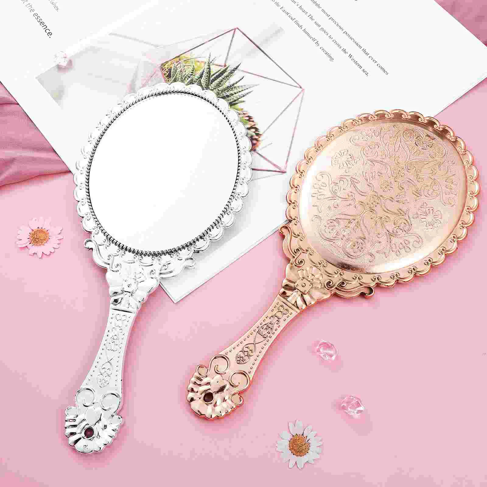 2 Pcs Vanity Mirror Hand Makeup Decorative Handheld Mirrors Travel Small Vintage