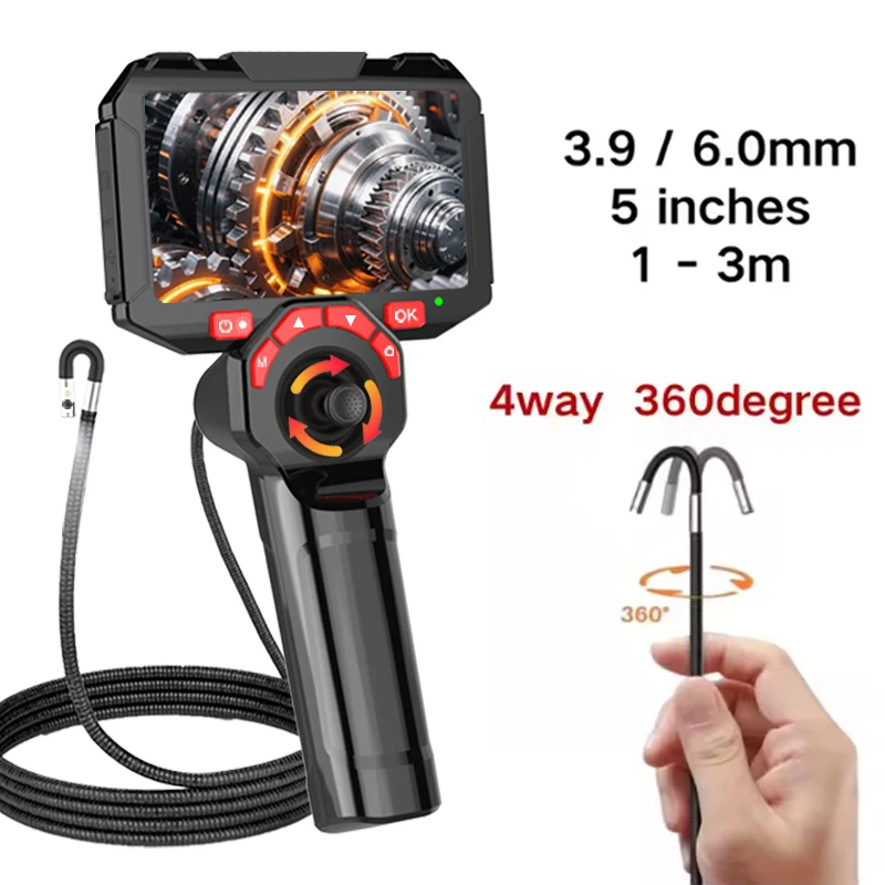 

New 360° Steering Endoscope Camera 3.9/6.0mm 4 Way 5 Inch 1080P HD Screen for Car Sewer Inspection with 32G Memory Card