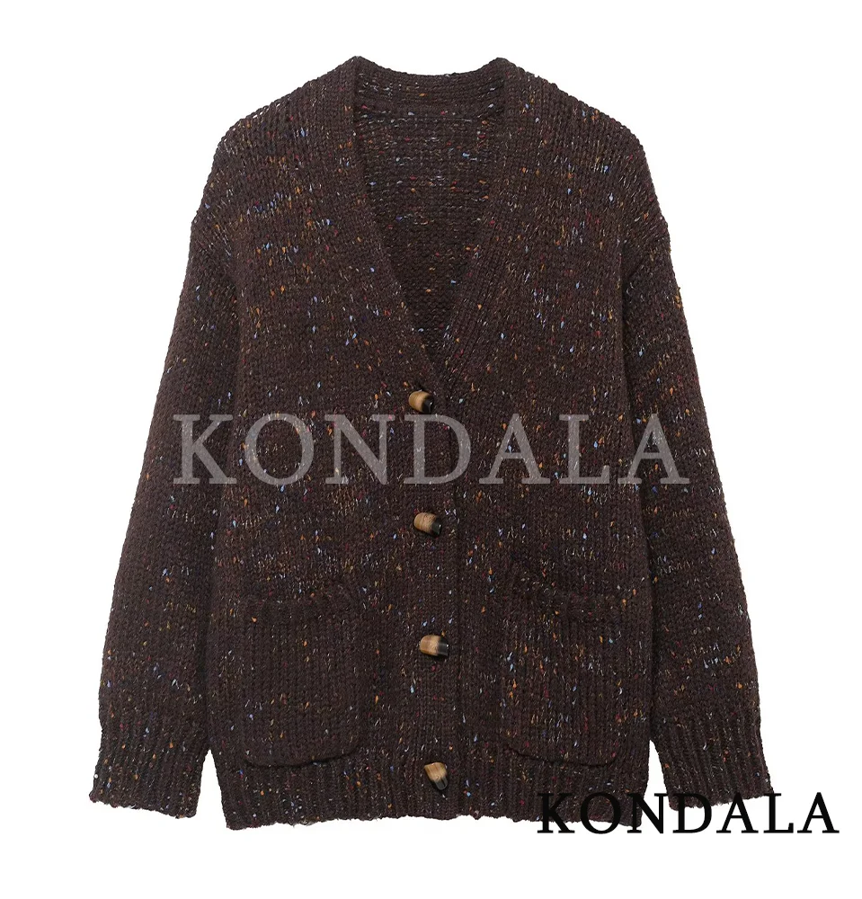 

KONDALA Fall Vintage Casual Knitted Coat Women V-Neck Buttons Loose Cardigan 2026 Spring Fashion Elegant Lazy Style Female Coat