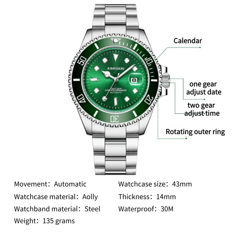 Men\'s Fully Automatic Mechanical Watch Basic Style Submariner 43mm Dial with Calendar Function Rotatable Outer Scale Waterproof