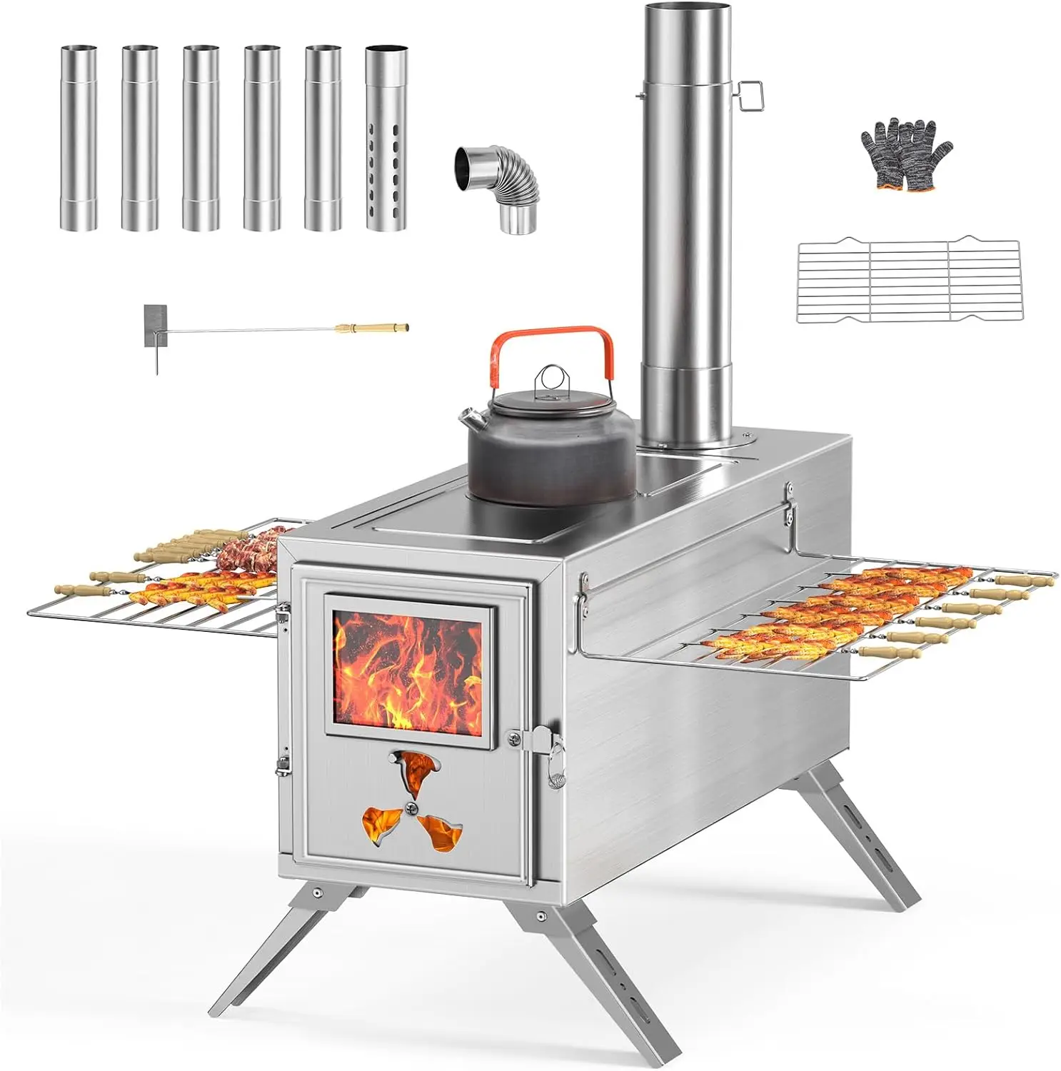 Stove, Camping Wood Stove for Tent, Portable Stainless Steel Wood Burning Stove with 7 Chimney Pipes for Wall Tent Camp