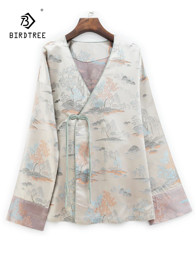 Birdtree 35MM Mulberry Silk XiangYunSha Song Brocade Shirt National Style Flower Jacquard Loose Blouses Autumn Top New T3D469QC