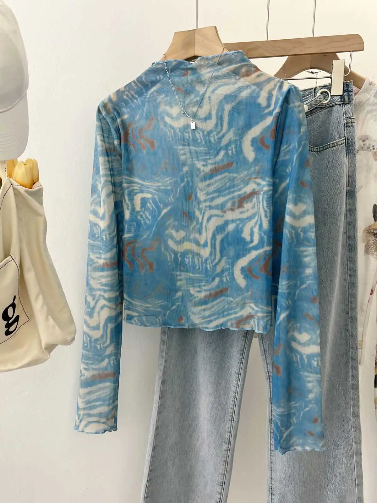 

American Dyed Long Sleeve Slim Fit High Collar T-Shirt Women's Summer New Style Sun Protection Cover up Casual Style